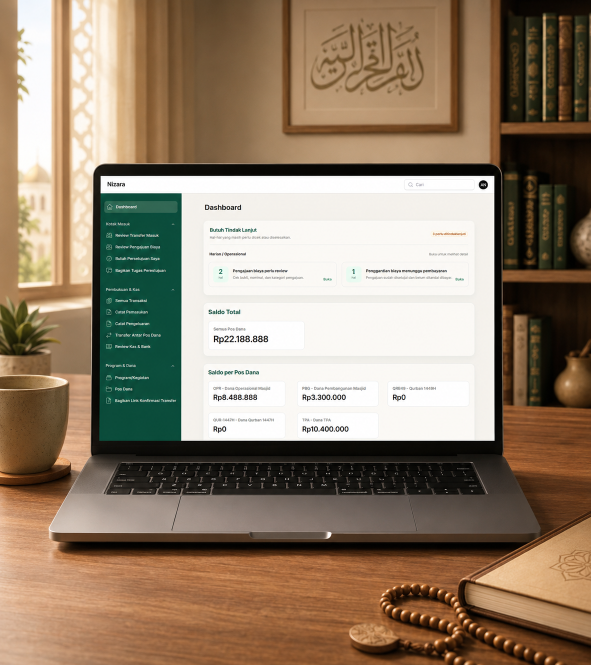 Ilustrasi dashboard Nizara pada laptop di ruang kerja masjid